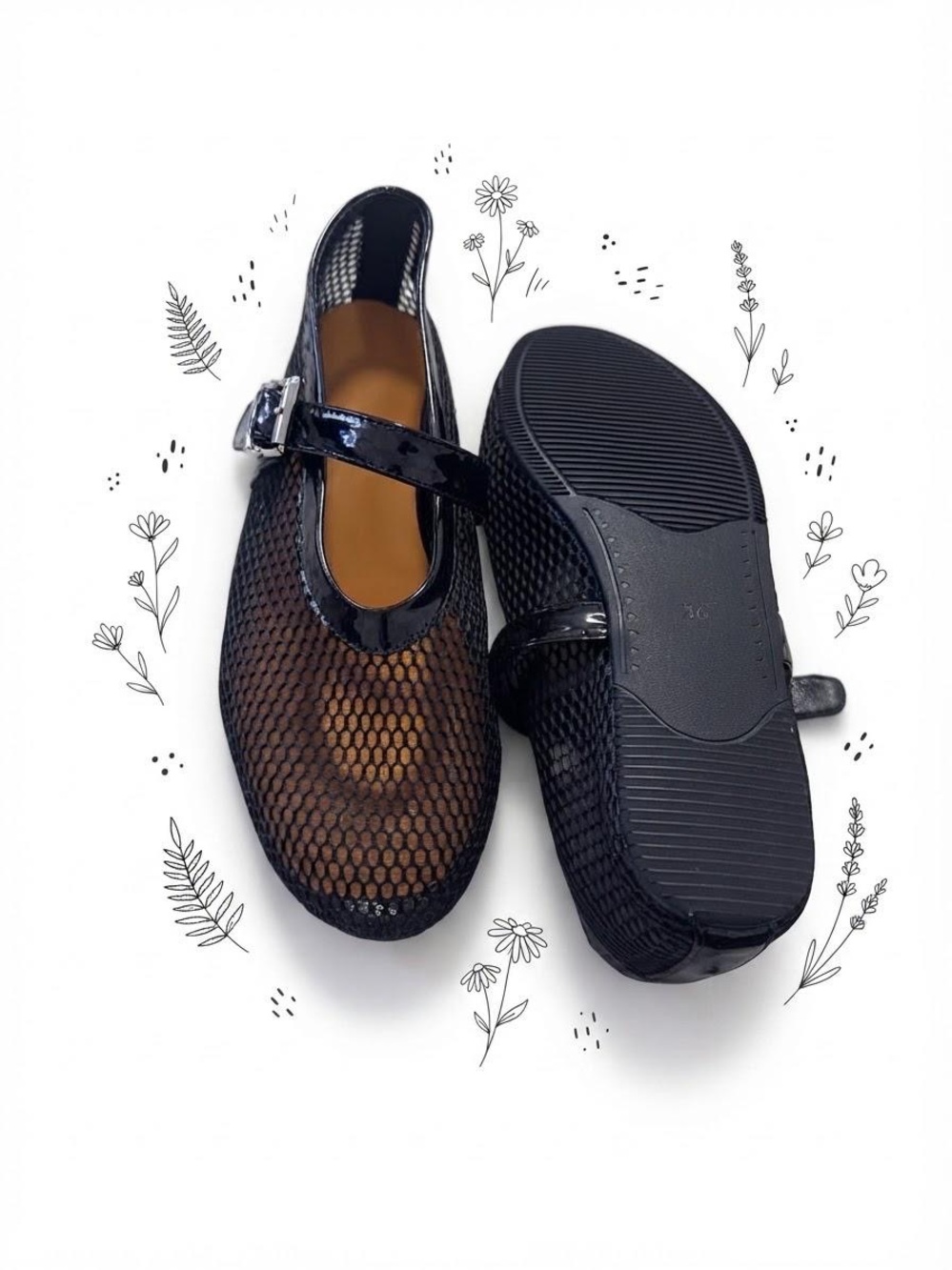 Black Mesh Mary Jane Flats - Women Shoes